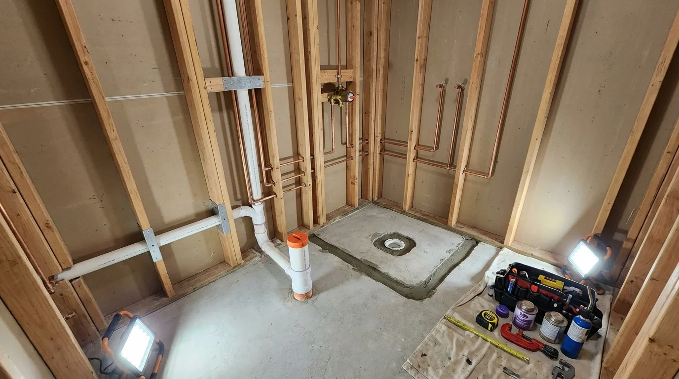 Bathroom rough-in plumbing during remodel by Johns Plumbing LLC in Maggie Valley
