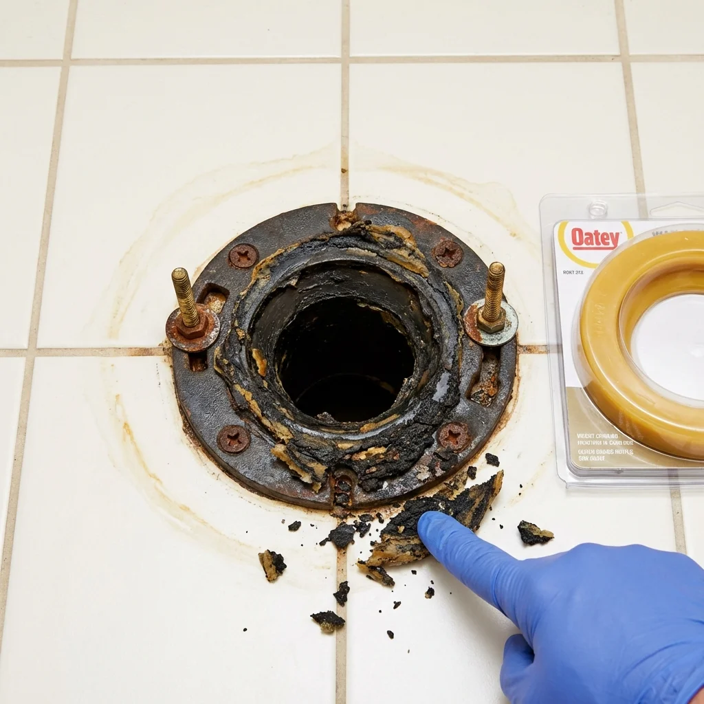 Failed wax ring showing water seepage at the base of a toilet in a Maggie Valley, NC home