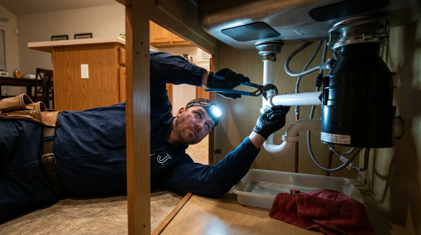 P-trap and supply line connections under a kitchen sink showing a common leak point in Maggie Valley, NC